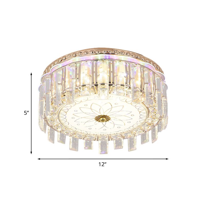 12"/19.5" W LED Crystal Block Ceiling Flush Mount Modernist Gold Drum Shade Flush Light Fixture with Petal Pattern