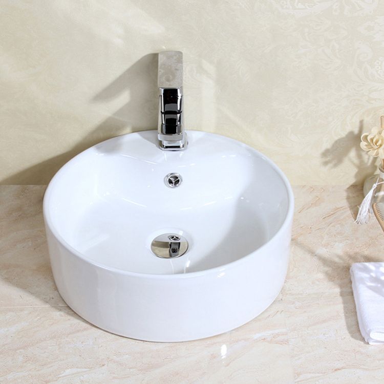 Modern Bathroom Sink Porcelain Round with Overflow and Pop-Up Drain Vessel Lavatory Sink