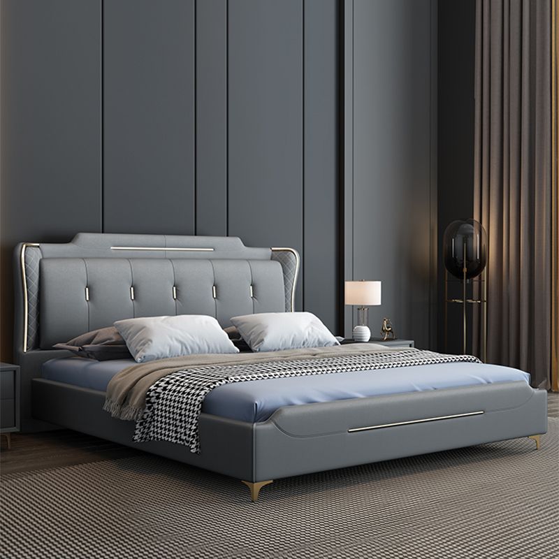 Faux Leather Glam Panel Bed with Wooden Upholstered Headboard