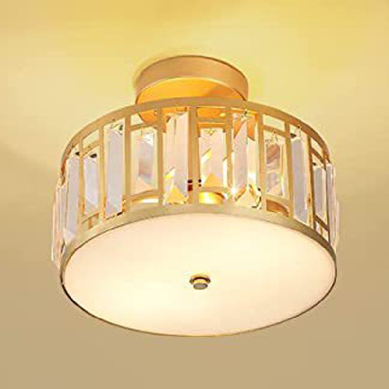 Crystal Semi Flush Contemporary 2 - Light Drum Ceiling Semi Flush in Gold