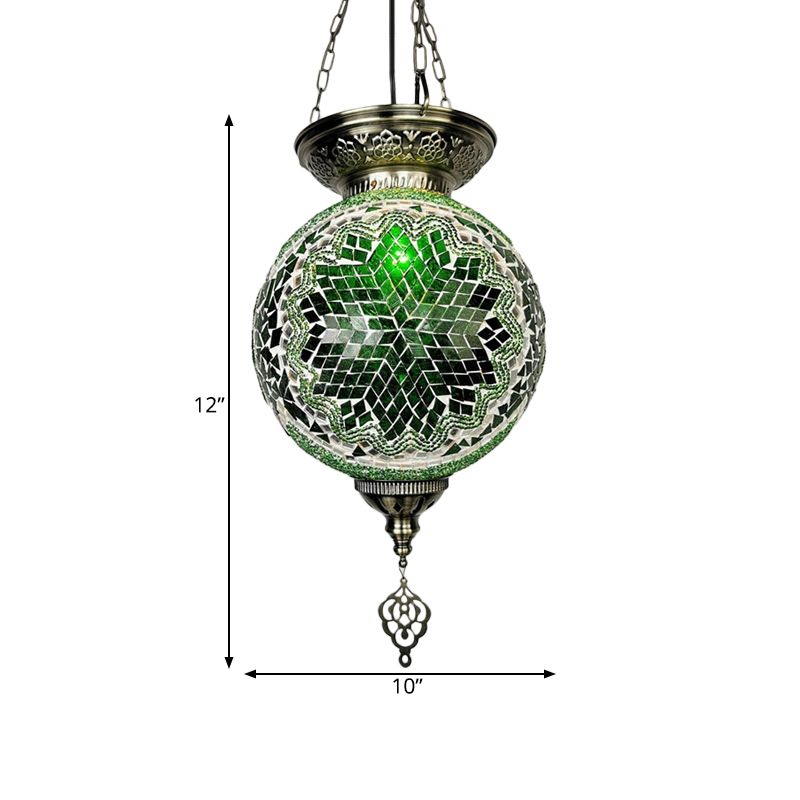 1 Light Stained Art Glass Pendant Light Kit Vintage White/Red/Blue Globe Dining Room Hanging Ceiling Light