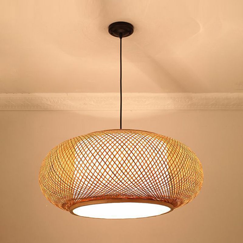 Luz de techo colgante de bambú colgante beige de tambor con 1 luz
