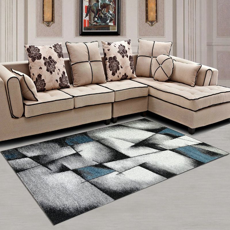 White Abstract Pattern Rug Polyester Modern Rug Washable Rug for Living Room