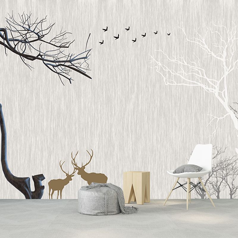Whole Nordic Style Mural Wallpaper Grey Deer and Naked Trees Wall Covering, Personalized Size