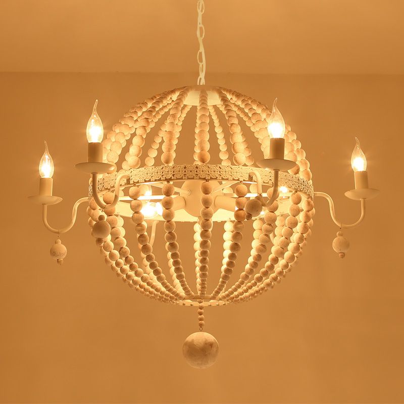 Cottage Sphere Beaded Chandelier 25.5"/31" Dia 9-Light White Wood Suspended Lighting Fixture