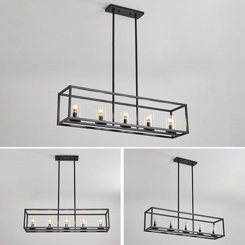Glass 5 Lights Island Pendant Chandelier Rectangle Industrial Island Light Fixtures for Dining Room