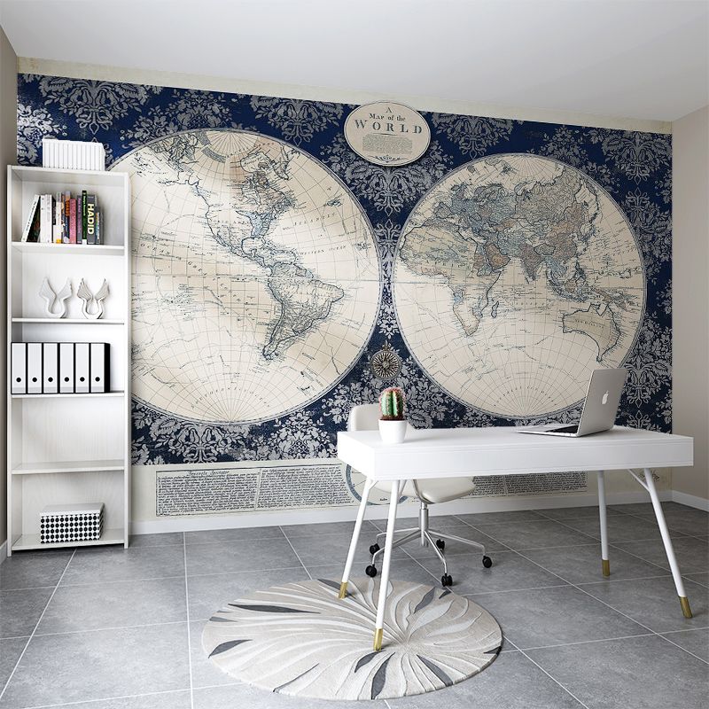 Full World Map Wall Art Nostalgic Novelty Mural Wallpaper in Light Color, Custom-Made