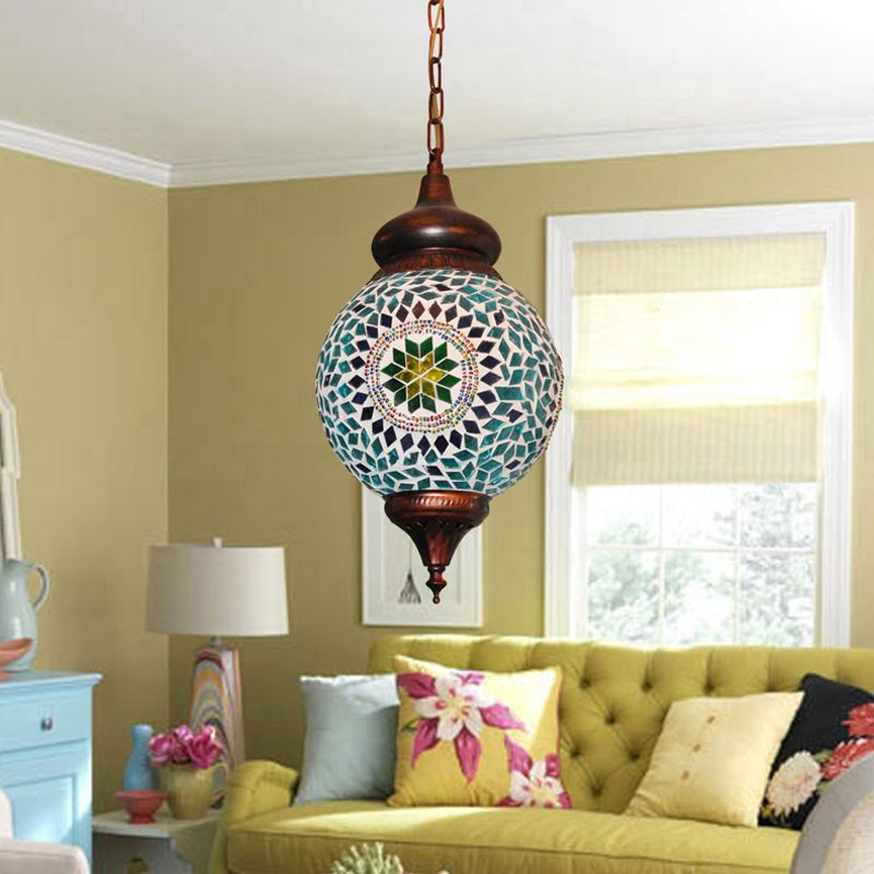 1 Bulb Orb Pendant Light Traditional Green Stained Glass Hanging Lamp for Living Room