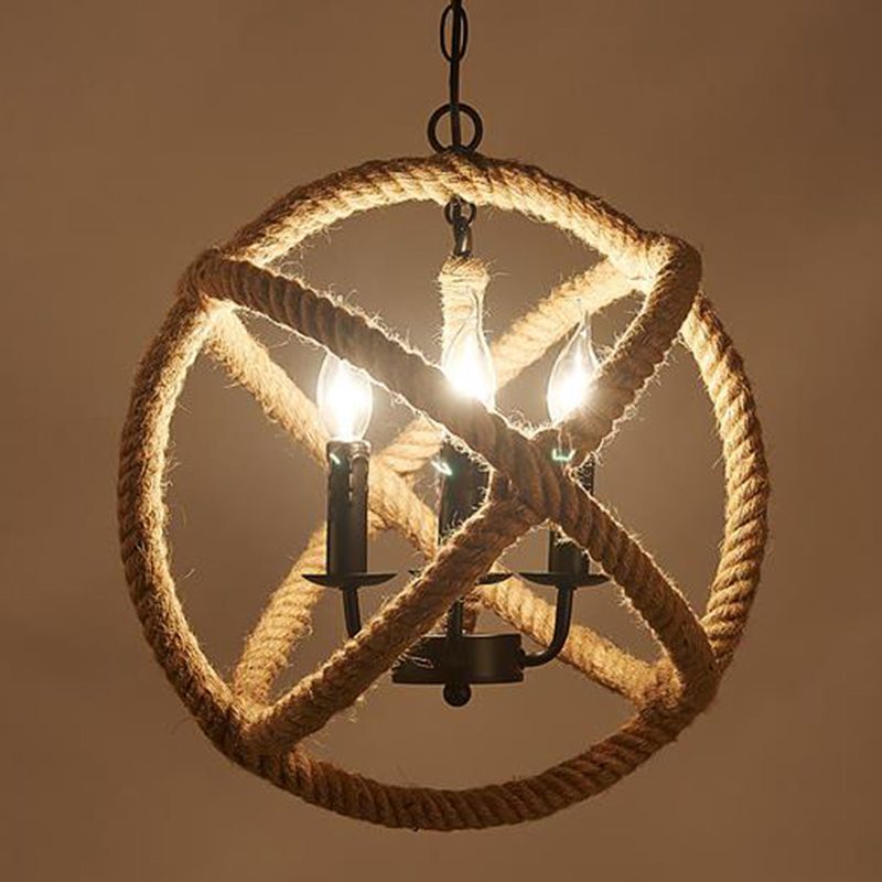 Hemp Rope Yellow Chandelier Light Orbit Globe 3-Light 14"/16.5"/20.5" Wide Farmhouse Pendant Lighting Fixture