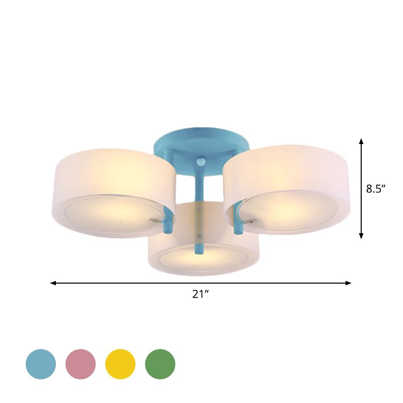 Macaron Semi Flush Mount Drum Light Shade 3 lumières Plafond de plafond en verre givré pour chambre d'enfant