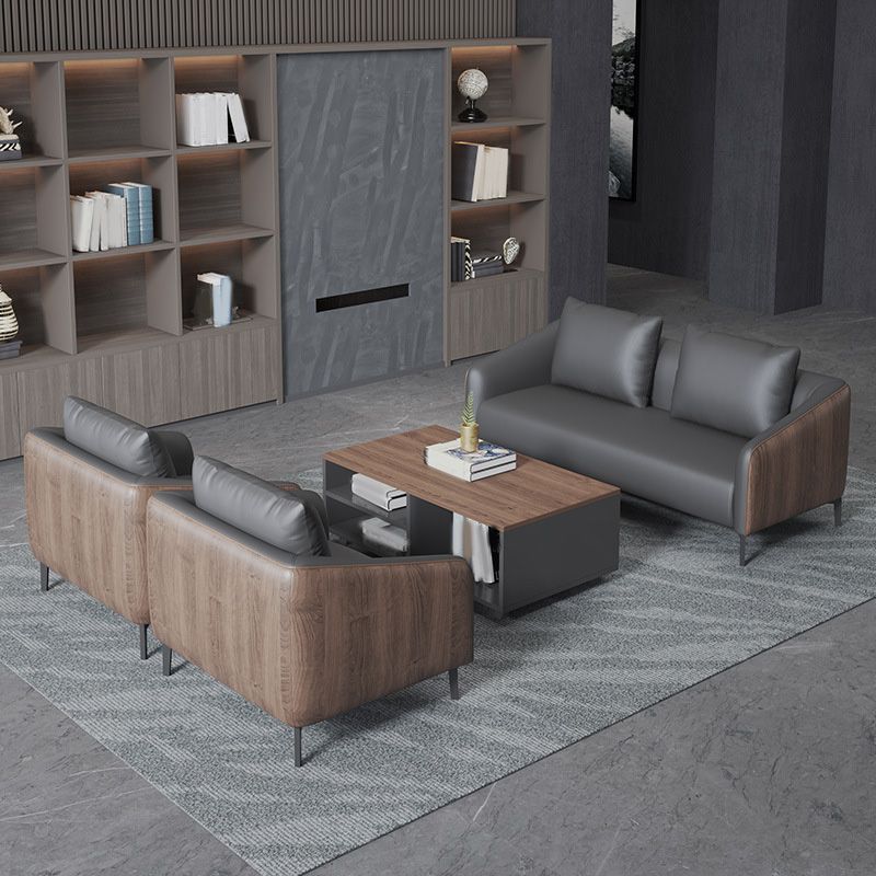Sloped Arm Sofa in Black with Pillows Leather Stain Resistant Sofa