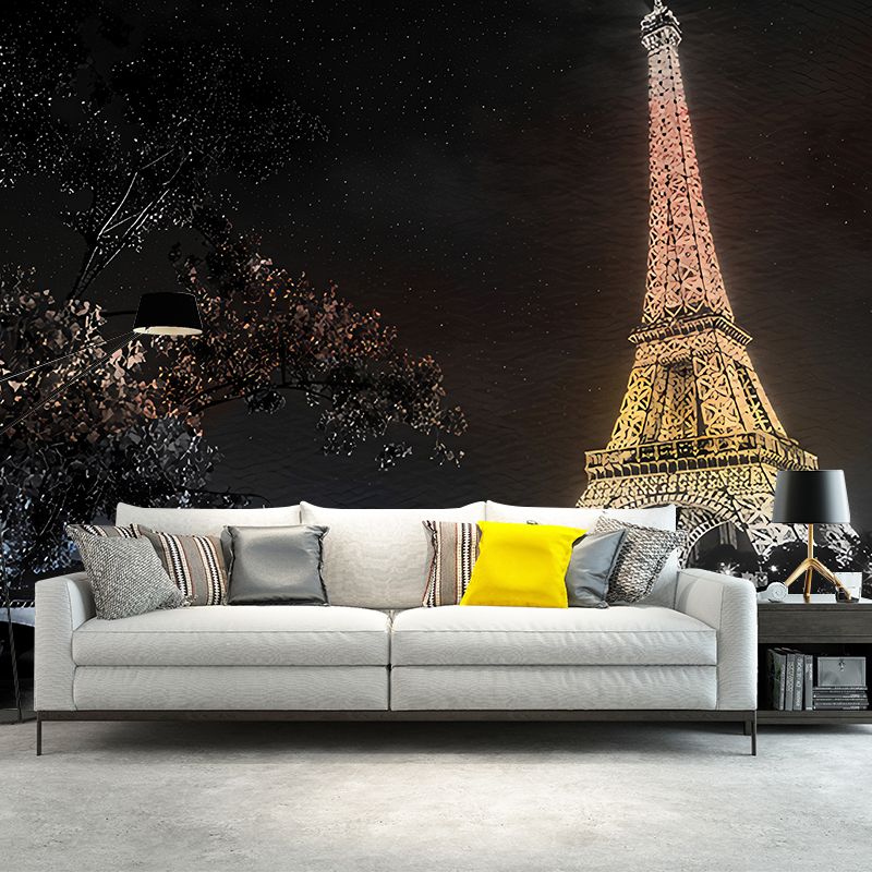 Whole Night City Wallpaper Murals for Living Room Eiffel Tower Wall Decor in Black, Stain Resistant