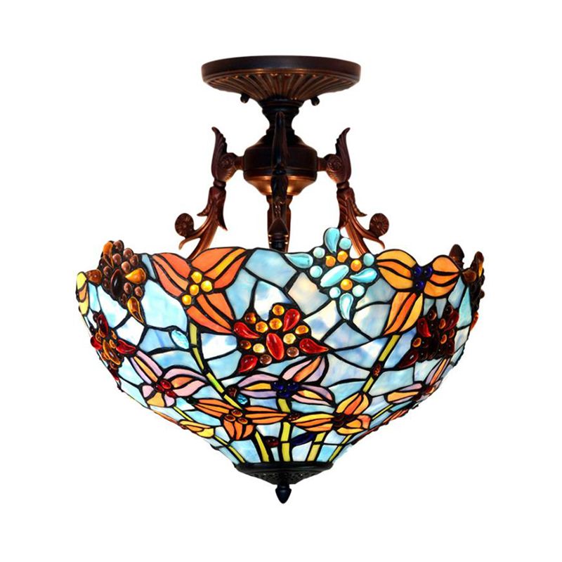 3 Lights Domed Semi Mount Lighting Victorian Blue/Light Blue Stained Glass Ceiling Light Fixture for Kitchen