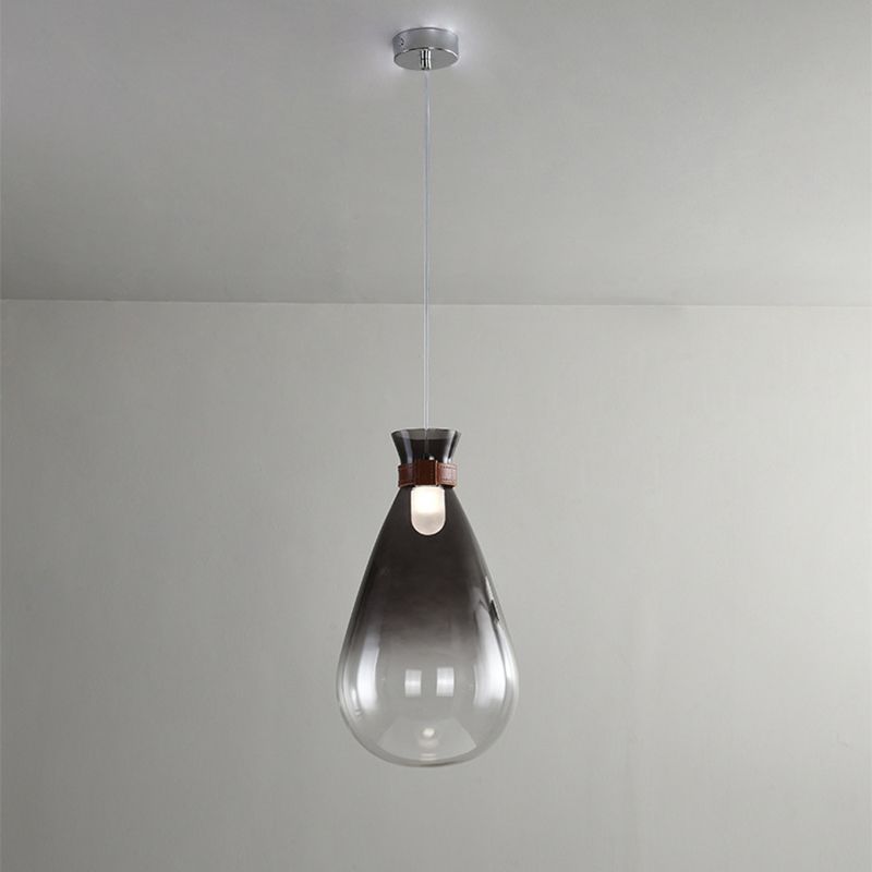 Druppel keukenbar drop hangers rook grijs/wit ombre glas 1 kop moderne hangende lamp met lederen nekband, 7 "/8,5" w