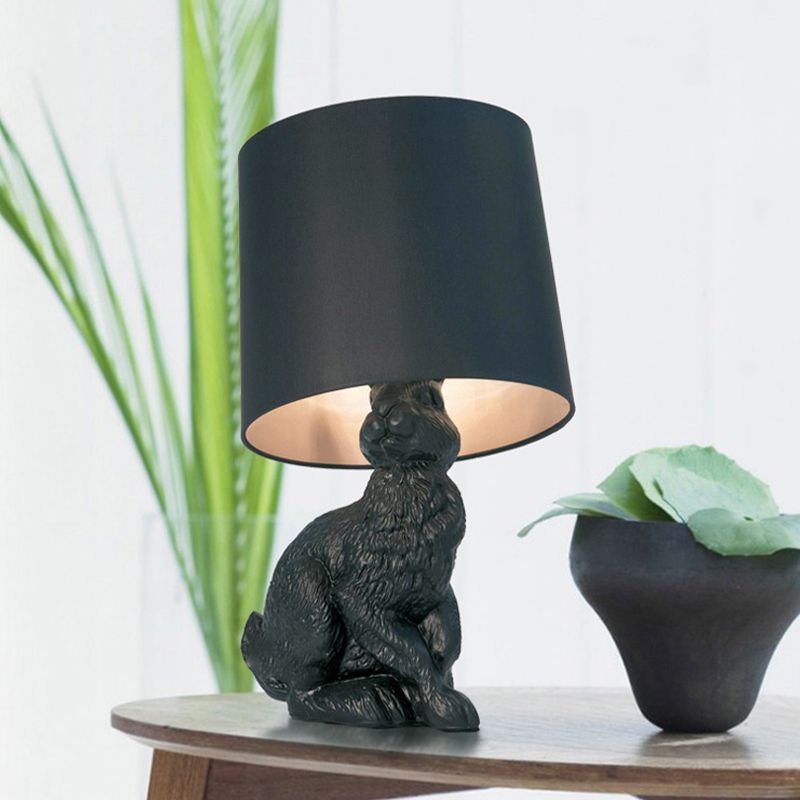 Rustic Barrel Nightstand Light 1 Bulb Fabric Night Table Lamp in Black/White with Resin Rabbit Base for Bedroom