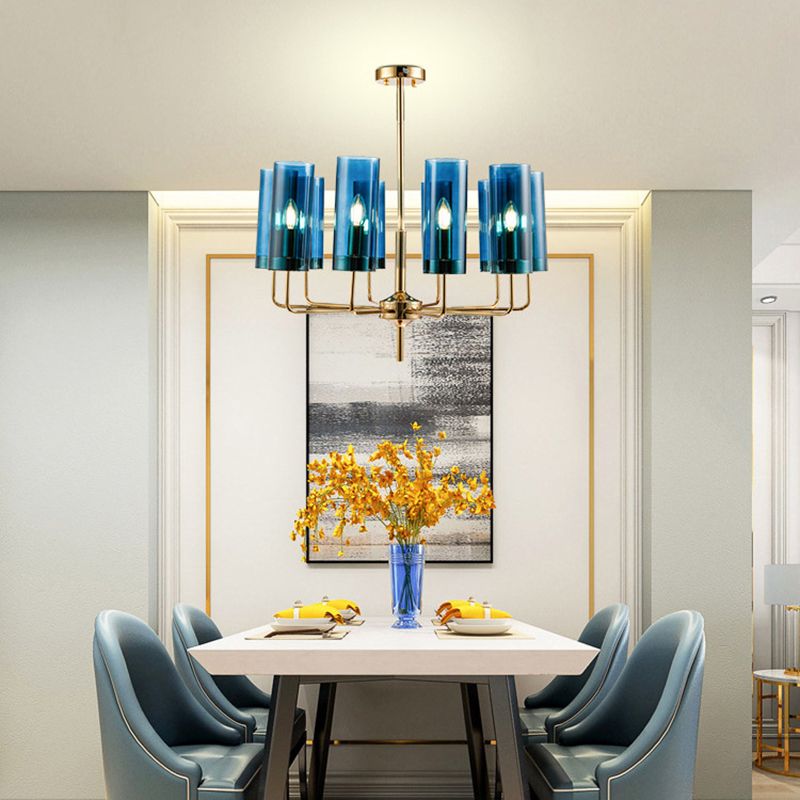 Post-Modern Metal Hanging Chandelier Light Cylindrical Glass Shade  Ceiling Chandelier in Gold for Living Room