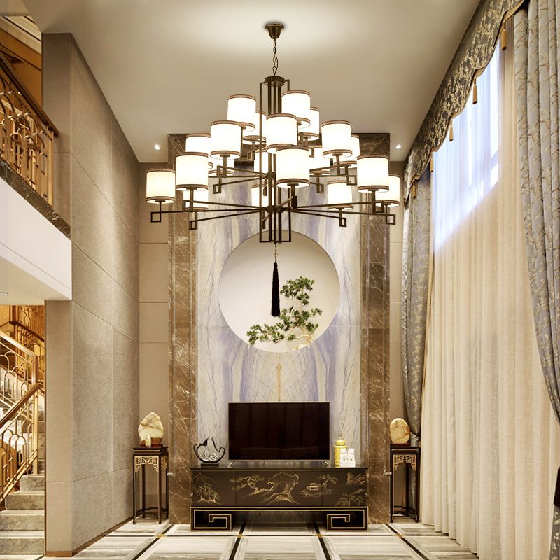 Cylindrical Fabric Suspension Lamp Retro Lobby Living Room Chandelier with Tassel
