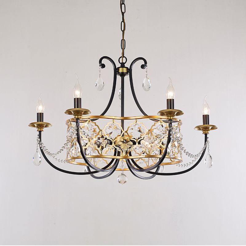 Metal Curved Arm Hanging Chandelier Country 9 Lights Dining Room Pendant Light in Gold