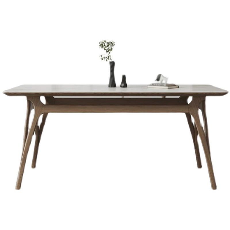Mesa de comedor rectangular de piedra sinterizada Tapa de piedra blanca con base de madera y 4 patas