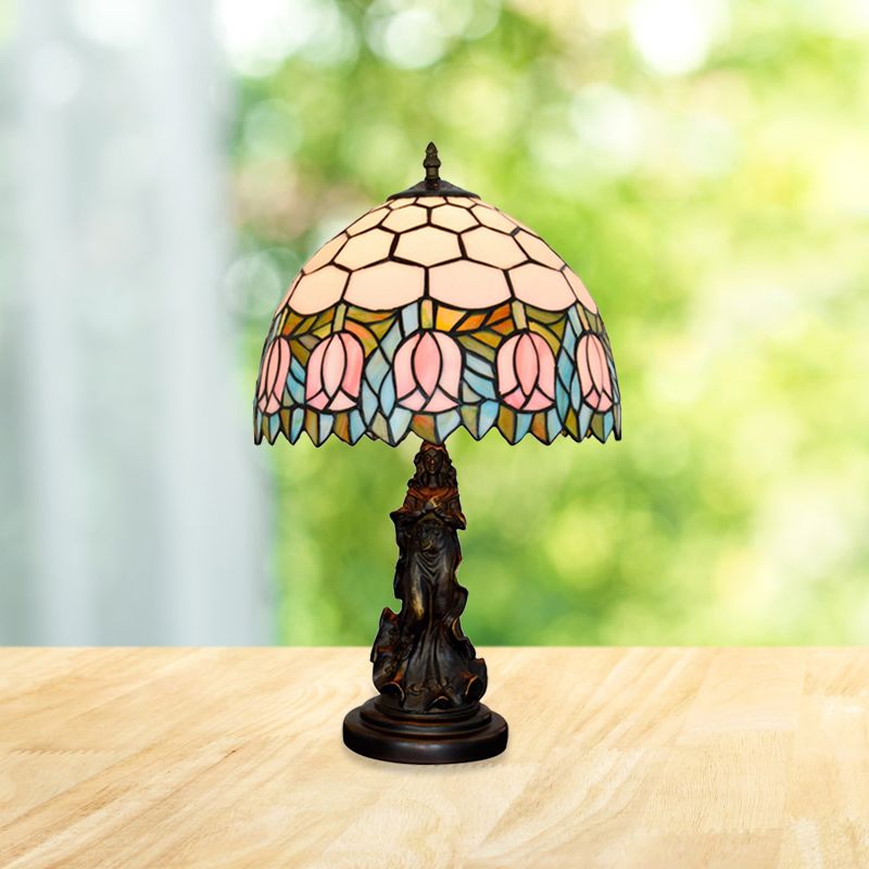 1 Table ombre en nid d'abeille Light Tiffany Tiffany Bronze Tachage de cheminée en vitrail avec bord rose et base ange