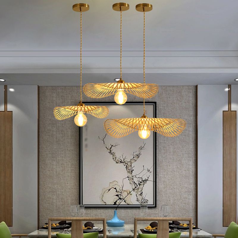 Lotus Leaf Shaped Pendant Light Bamboo 1 Head Hanging Light Fixture for Tea Room