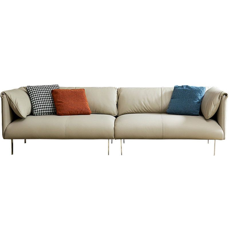 Modernism Leather Sofa in Khaki Tuxedo Arm Sofa with 3 Pillows