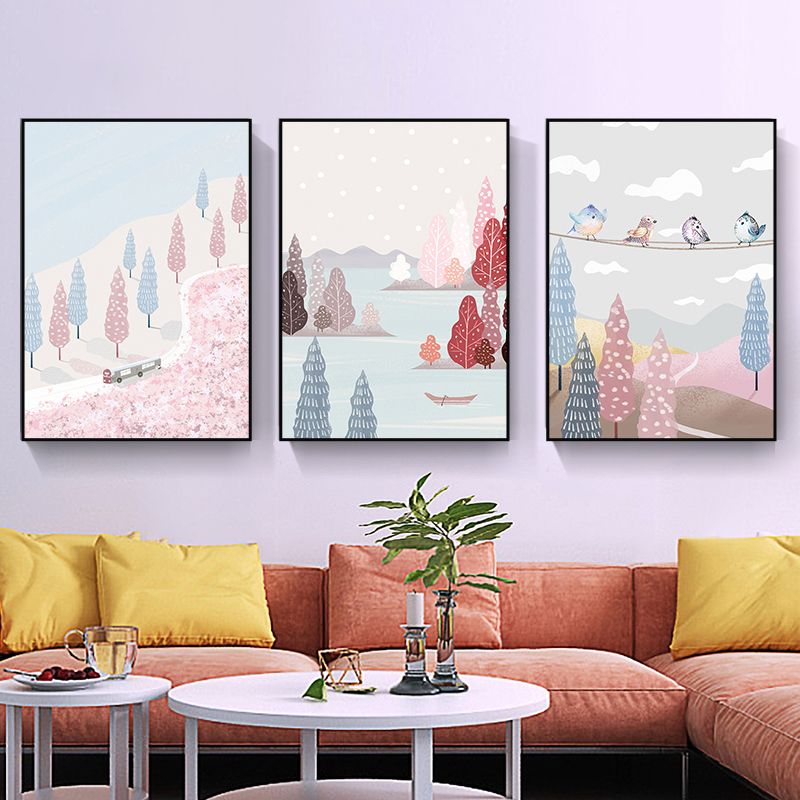 Illustration Park Scenery Wall Art Kids Style Landscape Canvas Print in Pink and Blue