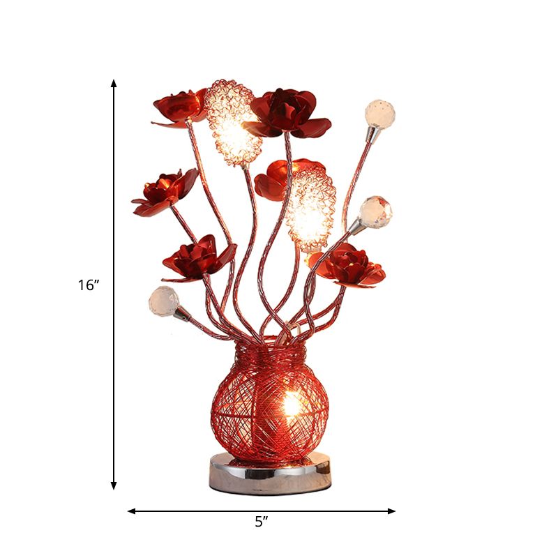Rote LED -Blume Nachttisch Lampe Dekorative Metallentischbeleuchtung mit Glas Basis