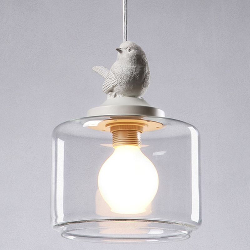 Drum Pendant Lighting Modern Clear Glass 1-Light White Hanging Light with Resin Bird Decor