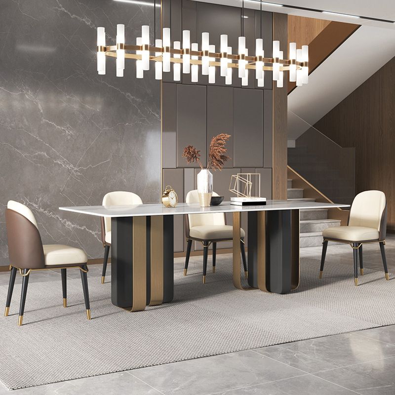 Mesa de comedor rectangular de piedra sinterizada de lujo para interiores con pedestal doble
