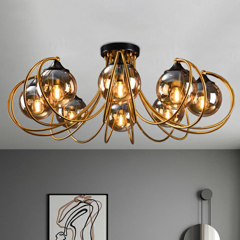 Brass Finish Floral Semi-Flush Ceiling Light Postmodern Glass Flushmount Lighting for Living Room