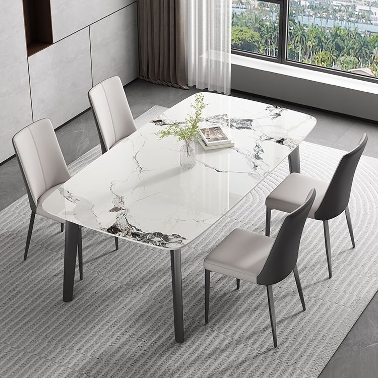 White Modern Rectangular Stone Dining Table with Stainless Steel Base