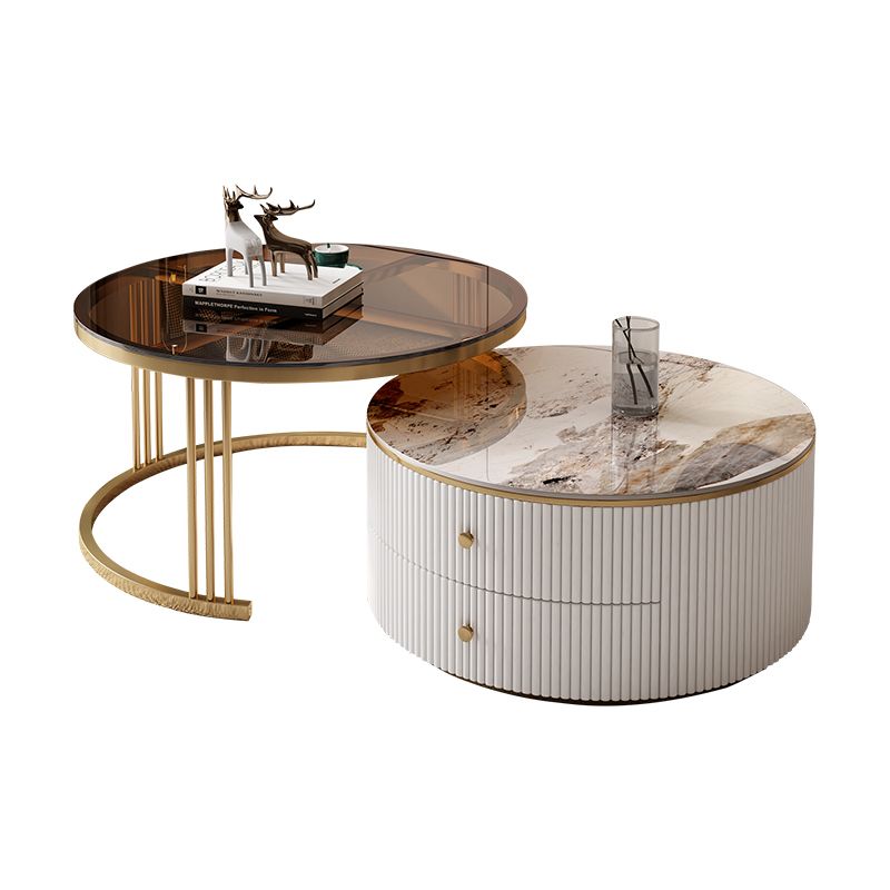Round Frame Coffee Table Slate Nesting Coffee Table Set with Storage