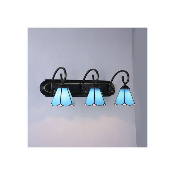 3 Heads Bathroom Wall Light Fixture Tiffany Black Sconce Light with Lily White/Blue Glass Shade