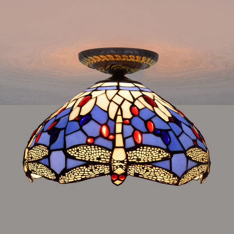 Lampe encastrée Tiffany Dragonfly, 1 ampoule, vitrail proche du plafond, luminaire en laiton