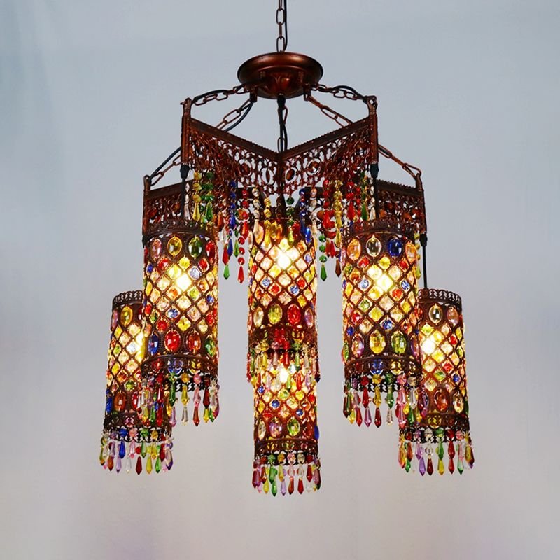 6 Bulbs Hanging Chandelier Bohemian Cylinder Metal Pendant Light Fixture in Copper for Living Room