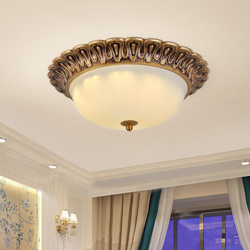 Minimalist Bowl Shaped Flushmount 2/3 Lights White Cloud Glass Ceiling Lighting Fixture with Brass Scalloped Trim