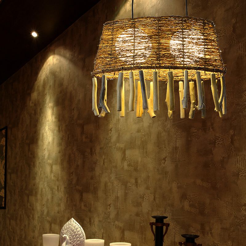 Rattan Oval Ceiling Hang Light Countryside 1 Head Wood Drop Pendant for Restaurant