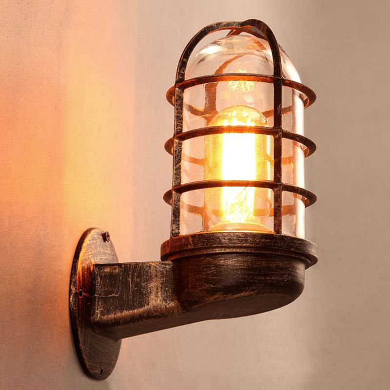 Antique Style Oval Wall Lamp 1-Light Clear Glass Sconce Light with Cage for Bathroom