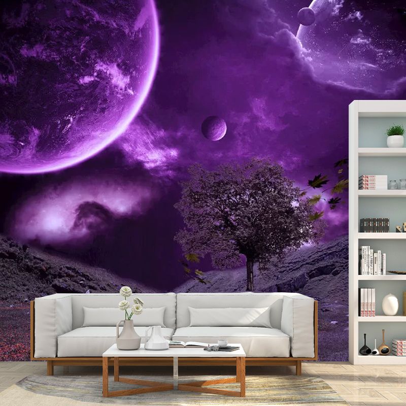 Planet and Desert Mural Wallpaper Contemporary Wall Covering in Purple, Custom Size Available
