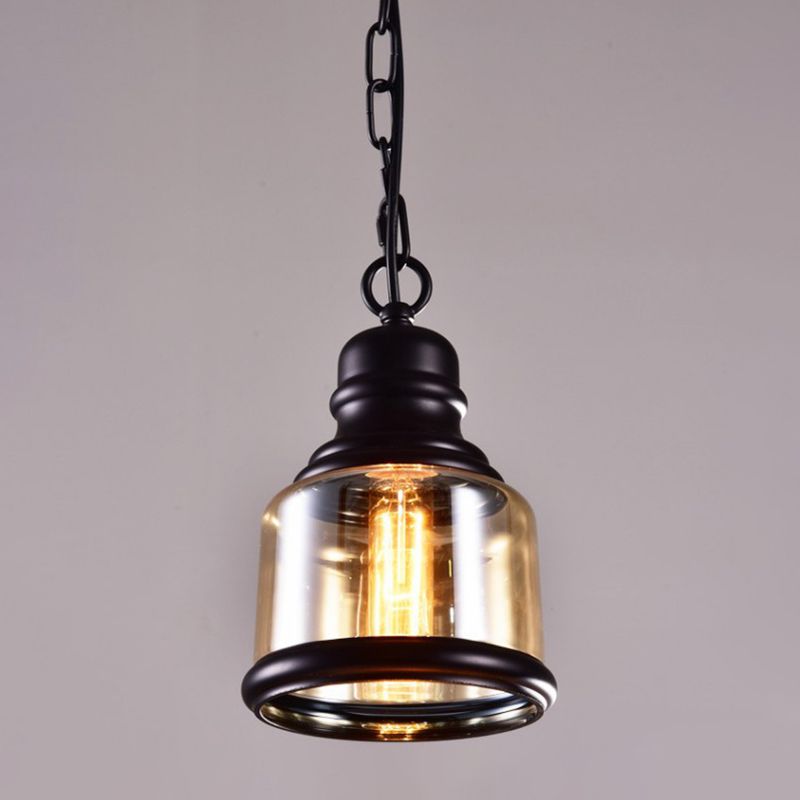 Luz de colgante simple negro en lámpara colgante de hierro forjado de estilo vintage industrial con sombra de vidrio