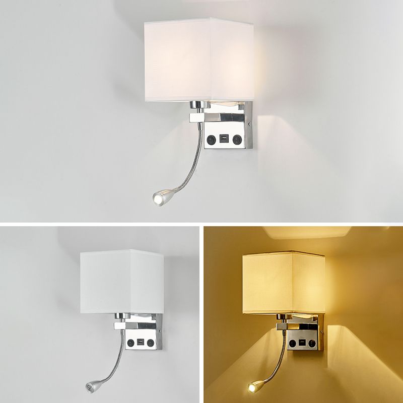 Square Fabric Shade Simplicity Wall Sconce Adjustable LED Spotlight Design Bedside Reading Lamp in Sliver