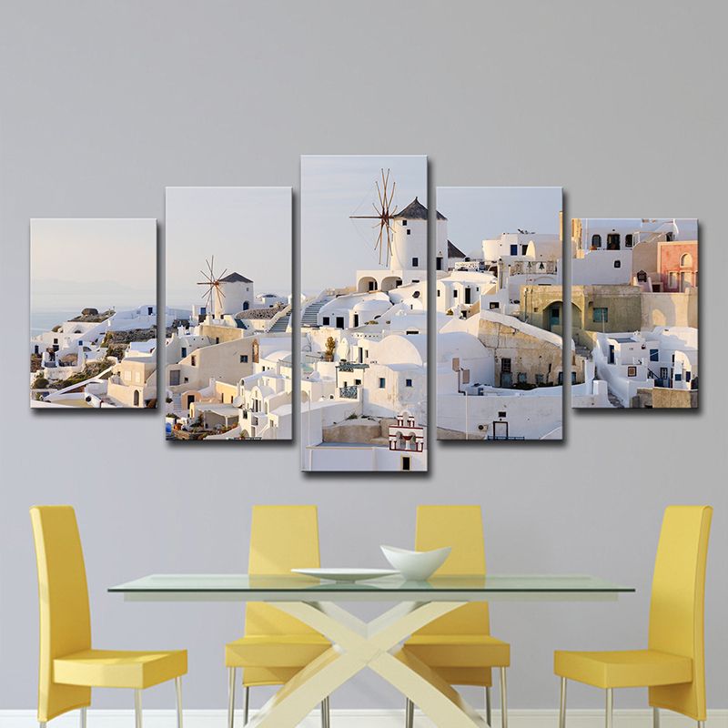 Beautiful Santorini Island Scenery Canvas Wall Art for Dining Room, White and Blue