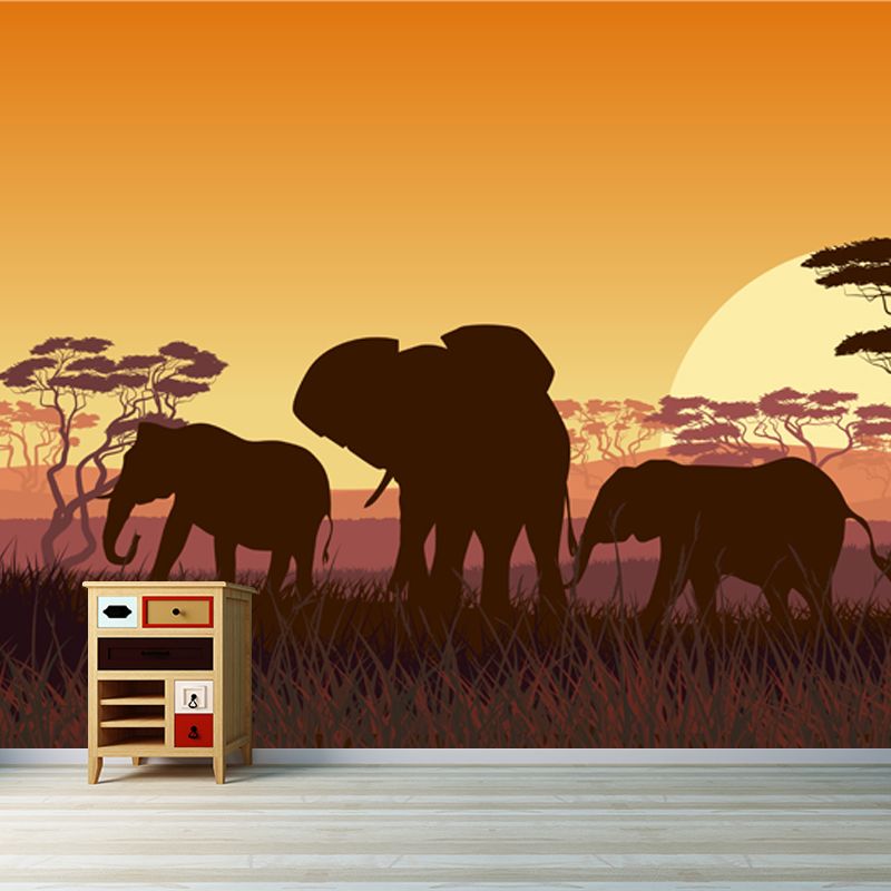 Tropix Night Landscape Mural Yellow Savannas Elephant with Rising Super Moon Wall Decor