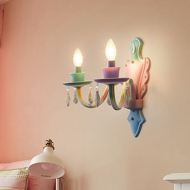 Macaroon Candle Wall Light Fixture Metallic 2 Bulbs Bedside Wall Lamp in Pink with Crystal Droplet