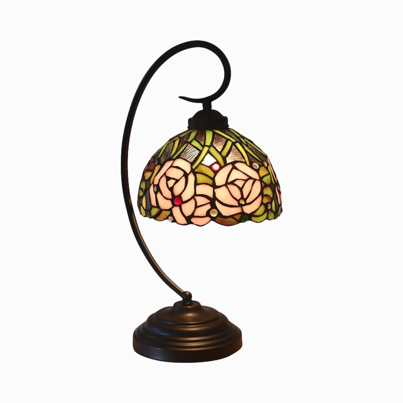 Dome Shape Cut Glass Table Lamp Tiffany 1-Bulb Black/White Finish Rose Patterned Night Lighting