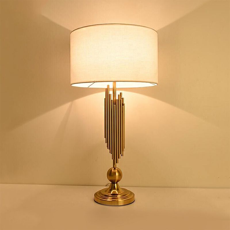 1 Light Drum Desk Lamp Traditional Black/White/Flaxen Fabric Task Lighting for Bedroom with Metal Base