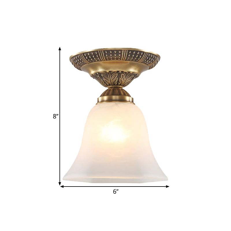 Frosted Glass Brass Flush Mount Fixture Bell Shape Single Head Country Ceiling Mounted Light