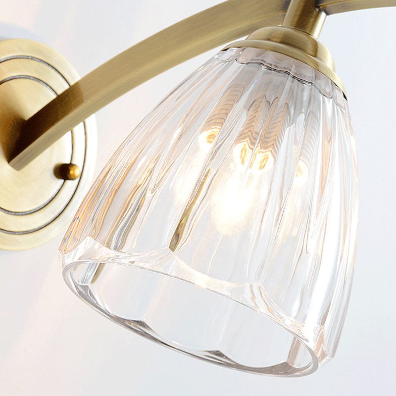 1 Bulb Cone Sconce Lamp Tradition Metal Wall Lighting Fixture in Gold with Ribbed Glass Shade for Bedside