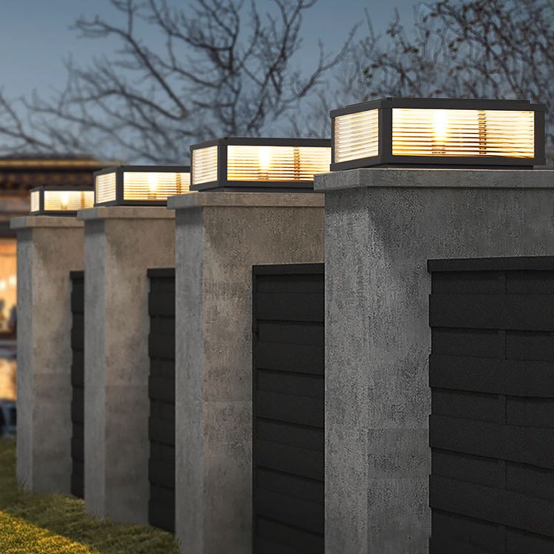 Metal Rectangle Shape Solar Pillar Lamp Modern 1 Light Outdoor Waterproof Light in Black